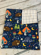 Load image into Gallery viewer, Baby boy woodland animals camping Flannel Receiving blanket burp cloth set / baby gift set / woodland animals nursery