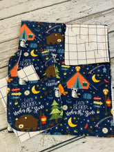 Load image into Gallery viewer, Baby boy woodland animals camping Flannel Receiving blanket burp cloth set / baby gift set / woodland animals nursery