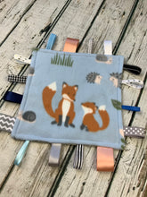 Load image into Gallery viewer, Baby boy woodland animals minky tag blanket - lovey - baby boy shower gift - foxes - baby toy - snuggle blanket