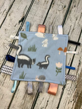 Load image into Gallery viewer, Baby boy woodland animals minky tag blanket - lovey - baby boy shower gift - foxes - baby toy - snuggle blanket