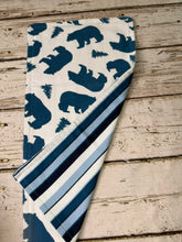 Load image into Gallery viewer, burp cloth. Double sided flannel with bear and trees on front and stripes on back