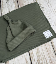 Load image into Gallery viewer, Baby Boy Swaddle Blanket Hat Set / Dark Green / Stretchy Knit / Baby Shower Gift / Newborn Photo Set