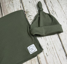 Load image into Gallery viewer, Baby Boy Swaddle Blanket Hat Set / Dark Green / Stretchy Knit / Baby Shower Gift / Newborn Photo Set