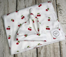 Load image into Gallery viewer, Baby Girl Swaddle Blanket Hat Set / Red Cherries/ Stretchy Knit / Baby Shower Gift / Newborn Photo Set