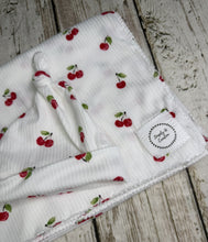 Load image into Gallery viewer, Baby Girl Swaddle Blanket Hat Set / Red Cherries/ Stretchy Knit / Baby Shower Gift / Newborn Photo Set