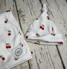 Load image into Gallery viewer, Baby Girl Swaddle Blanket Hat Set / Red Cherries/ Stretchy Knit / Baby Shower Gift / Newborn Photo Set