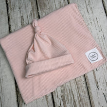 Load image into Gallery viewer, Baby Girl Swaddle Blanket Hat Set / Pink / Stretchy Knit / Baby Shower Gift / Newborn Photo Set