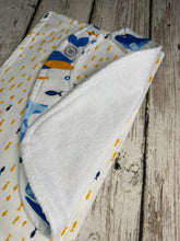 Load image into Gallery viewer, Baby Shower Gift Set / Burp Cloth Bib Set / Baby Boy Gift / Blue Yellow Fish Whales