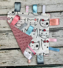 Load image into Gallery viewer, Baby Girl Minky Tag Blanket / Pink Cats / Baby Gift / Lovey / Baby Shower Gift Girl / Sensory Blanket