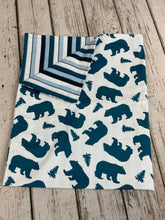 Load image into Gallery viewer, Baby Boy Blanket Burp Cloth Bib / Woodland Animal Bears Stripe / Baby Boy Gift / woodland animals nursery / Baby Shower Gift Boy