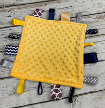 Load image into Gallery viewer, University of Michigan Baby Boy Minky Tag Blanket / U of M / Baby Boy Shower Gift / Lovey / Baby Toy / Snuggle Blanket / sensory blanket