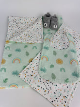 Load image into Gallery viewer, Baby Blanket Burp Cloth Bib Neutral Mint Green Sunshine Rainbows Dots / Baby Gift / gender neutral