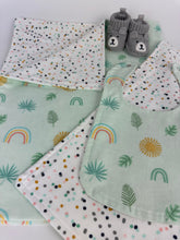Load image into Gallery viewer, Baby Blanket Burp Cloth Bib Neutral Mint Green Sunshine Rainbows Dots / Baby Gift / gender neutral