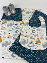 Load image into Gallery viewer, Baby Blanket Burp Cloth Bib Neutral New Baby flourish Animals / Blue White Dot / Baby Shower Gift / gender neutral