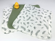 Load image into Gallery viewer, Luxurious Baby Washcloths Muslin Gauze Set of 3 Sage Green Leaf / Neutral Baby Gift