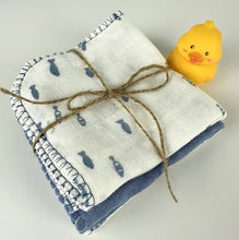 Load image into Gallery viewer, Luxurious Baby Washcloths Muslin Gauze Set of 3 Blue Fish / Neutral Baby Gift