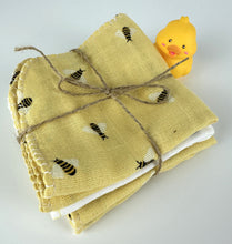 Load image into Gallery viewer, Luxurious Baby Washcloths Muslin Gauze Set of 3 Yellow Bumble Bees / Neutral Baby Gift