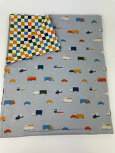 Load image into Gallery viewer, Baby Boy Blanket Bib Burp Cloth Set Trucks / multi color checkered / Baby Boy Shower Gift
