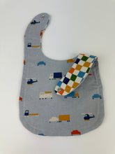 Load image into Gallery viewer, Baby Boy Blanket Bib Burp Cloth Set Trucks / multi color checkered / Baby Boy Shower Gift