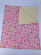 Load image into Gallery viewer, Baby Girl Blanket Burp Cloth Bib Pink Tulips Flowers Yellow Stripe Flannel / floral blanket / baby shower gift set / baby girl nursery