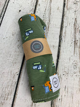 Load image into Gallery viewer, Baby Boy Swaddle Blanket / Green Trucks Swaddle Blanket / Newborn Photo Blanket / Stretchy Knit Baby Blanket / Baby Shower Gift