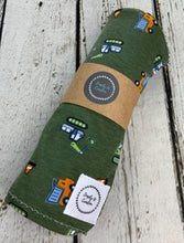 Load image into Gallery viewer, Baby Boy Swaddle Blanket / Green Trucks Swaddle Blanket / Newborn Photo Blanket / Stretchy Knit Baby Blanket / Baby Shower Gift
