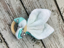 Load image into Gallery viewer, Baby Boy Teether Rattle / Wood Teether Ring / Baby Teething Ring / Bunny Ears Teether / Baby Rattle Toy / Baby Gift
