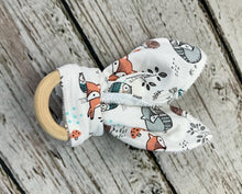 Load image into Gallery viewer, Baby Boy Teether Rattle / Wood Teether Ring / Baby Teething Ring / Bunny Ears Teether / Baby Rattle Toy / Baby Gift