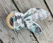 Load image into Gallery viewer, Baby Boy Teether Rattle / Wood Teether Ring / Baby Teething Ring / Bunny Ears Teether / Baby Rattle Toy / Baby Gift