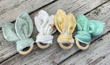 Load image into Gallery viewer, Baby Teether Rattle Neutral / Wood Teether Ring / Baby Teething Ring / Bunny Ears Teether / Baby Rattle Toy / Baby Gift