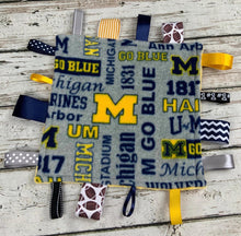 Load image into Gallery viewer, University of Michigan Baby Boy Minky Tag Blanket / U of M / Baby Boy Shower Gift / Lovey / Baby Toy / Snuggle Blanket / sensory blanket