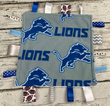 Load image into Gallery viewer, Detroit Lions Baby Boy Minky Tag Blanket / Baby Boy Shower Gift / Lovey / Baby Toy / Snuggle Blanket / sensory blanket