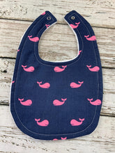 Load image into Gallery viewer, Baby Girl Bib Burp Cloth Set / Baby Girl Bib Whales / Baby Girl Burp Cloth Whales / Baby Shower Gift Girl / navy blue pink