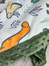 Load image into Gallery viewer, Baby Boy Minky Blanket Dinosaurs / Dinosaur Baby Blanket / Sage Green Baby Blanket / Baby Shower Gift