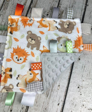 Load image into Gallery viewer, Baby Boy Minky Tag Blanket Woodland Animals / Lovey / Baby Shower Gift / Baby Toy / Snuggle Blanket / Baby Christmas Gift