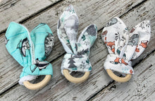 Load image into Gallery viewer, Baby Boy Teether Rattle / Wood Teether Ring / Baby Teething Ring / Bunny Ears Teether / Baby Rattle Toy / Baby Gift