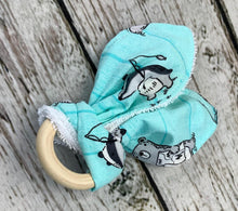Load image into Gallery viewer, Baby Boy Teether Rattle / Wood Teether Ring / Baby Teething Ring / Bunny Ears Teether / Baby Rattle Toy / Baby Gift