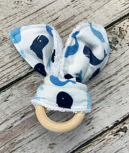 Load image into Gallery viewer, Baby Teether Rattle / Wood Teether Ring Whales / Baby Teething Ring / Bunny Ears Teether / Baby Rattle Toy / Baby Gift