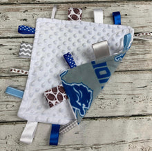Load image into Gallery viewer, Detroit Lions Baby Boy Minky Tag Blanket / Baby Boy Shower Gift / Lovey / Baby Toy / Snuggle Blanket / sensory blanket