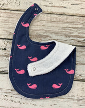 Load image into Gallery viewer, Baby Girl Bib Burp Cloth Set / Baby Girl Bib Whales / Baby Girl Burp Cloth Whales / Baby Shower Gift Girl / navy blue pink