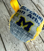 Load image into Gallery viewer, Baby Boy Fabric Sensory Block U of M / University of Michigan baby / Wolverines baby / baby shower gift / Baby Toy / Rattle / Crinkle Toy