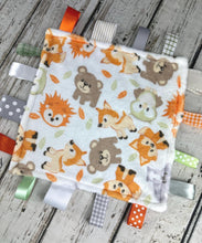 Load image into Gallery viewer, Baby Boy Minky Tag Blanket Woodland Animals / Lovey / Baby Shower Gift / Baby Toy / Snuggle Blanket / Baby Christmas Gift