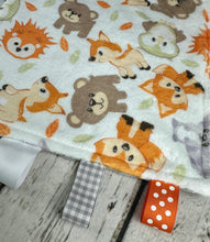 Load image into Gallery viewer, Baby Boy Minky Tag Blanket Woodland Animals / Lovey / Baby Shower Gift / Baby Toy / Snuggle Blanket / Baby Christmas Gift