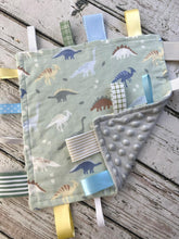 Load image into Gallery viewer, Baby boy minky tag blanket - lovey - baby boy shower gift - dinosaurs - sensory blanket- snuggle blanket