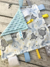Load image into Gallery viewer, Baby Boy Tag Blanket Woodland Animals / Blue Gray Tag Blanket / Baby Shower Gift / Sensory Blanket