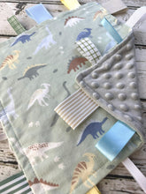 Load image into Gallery viewer, Baby boy minky tag blanket - lovey - baby boy shower gift - dinosaurs - sensory blanket- snuggle blanket