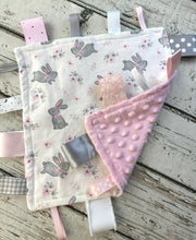 Load image into Gallery viewer, Baby Girl Tag Blanket / Pink Gray Bunnies Tag Blanket / Baby Shower Gift / Sensory Blanket