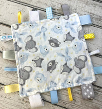 Load image into Gallery viewer, Baby Boy Tag Blanket Woodland Animals / Blue Gray Tag Blanket / Baby Shower Gift / Sensory Blanket
