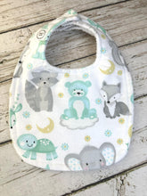 Load image into Gallery viewer, Baby Shower Gift Bib Set / Set of 2 Bibs / Neutral Bib Set / Mint Green Animals