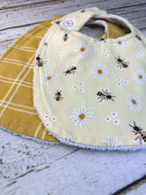 Load image into Gallery viewer, Baby Shower Gift Bib Set / Set of 2 Bibs / Baby Girl Bib Set / Yellow Bumble Bee Plaid